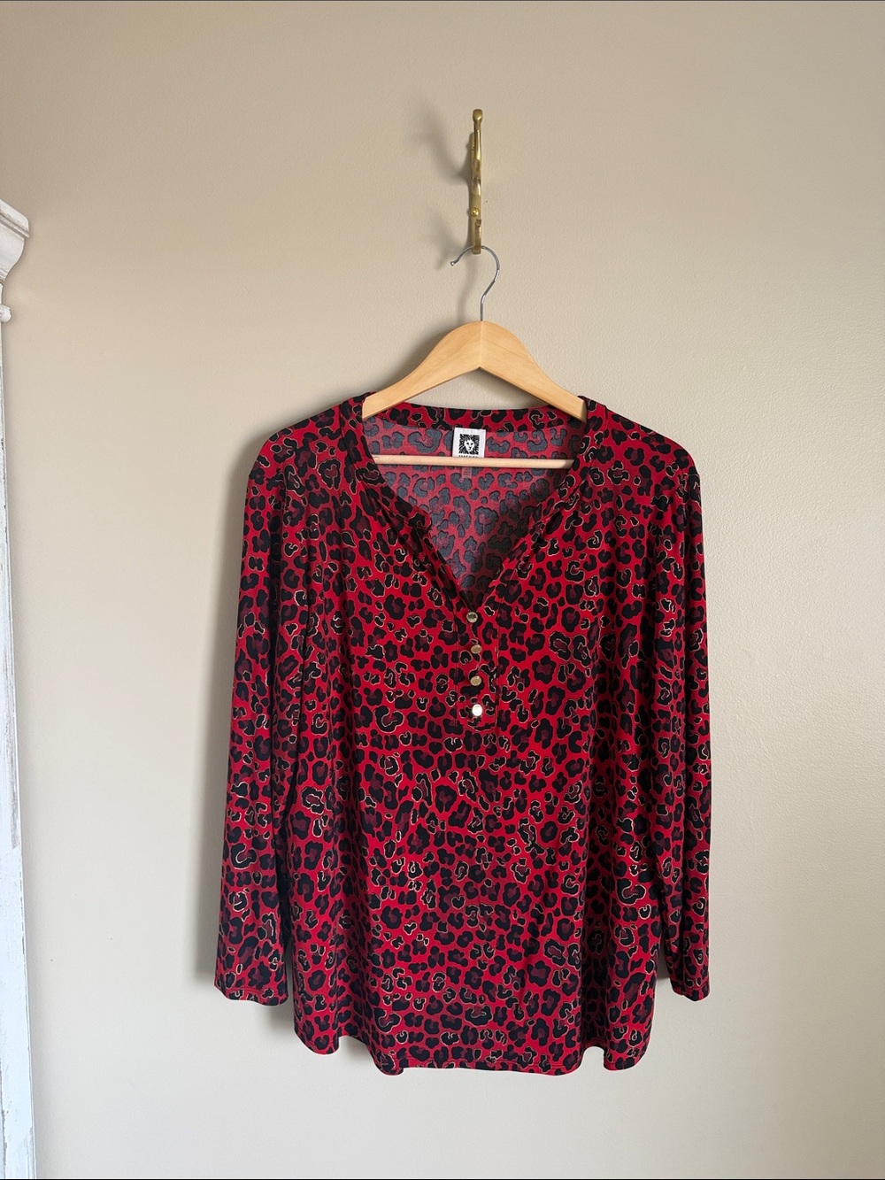 Anne Klein Red and Black Leopard Print V-Neck Henley Blouse